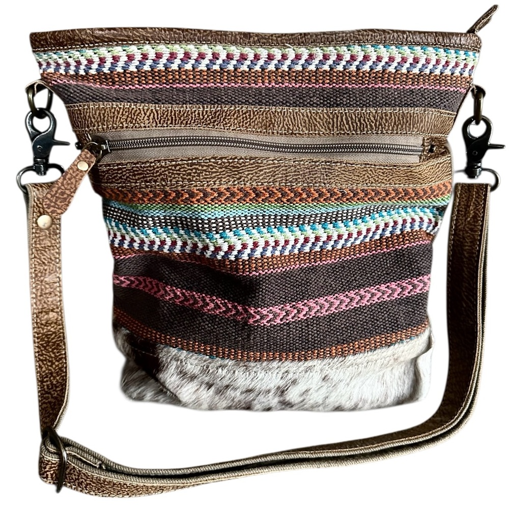 Myra Bag Multicolor Crossbody Purse Tweed Leather Cowhide Boho Style Canvas Back - Picture 2 of 16